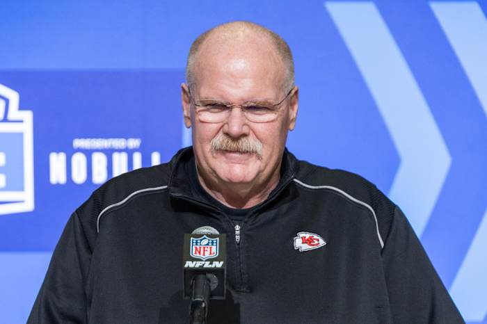 Feb 28, 2023; Indianapolis, IN, USA; Kansas City Chiefs coach Andy Reid speaks to the press at the NFL Combine at Lucas Oil Stadium. Mandatory Credit: Trevor Ruszkowski-USA TODAY Sports